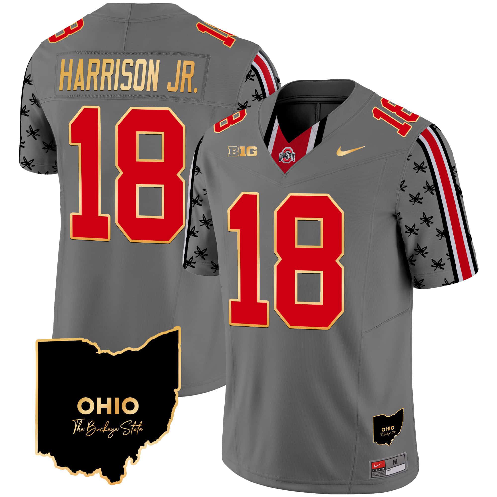 Men Ohio State Buckeyes #18 Harrison jr Grey 2024 Nike Home Patch Gold Trim Vapor Limited NCAA Jersey